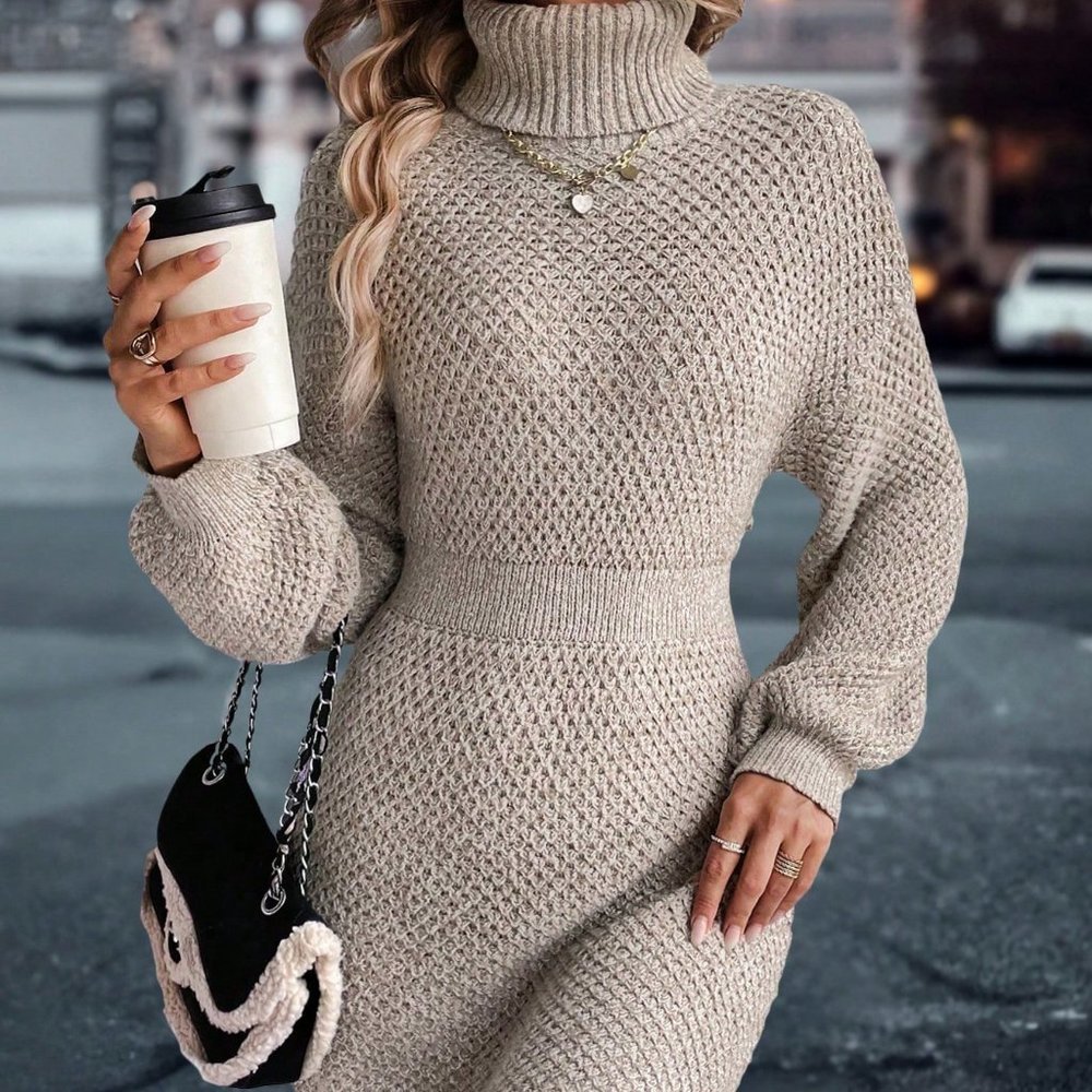 Apricot Casual Womens Turtleneck Lantern Sleeve Sweater Dress - Picture 3 of 5